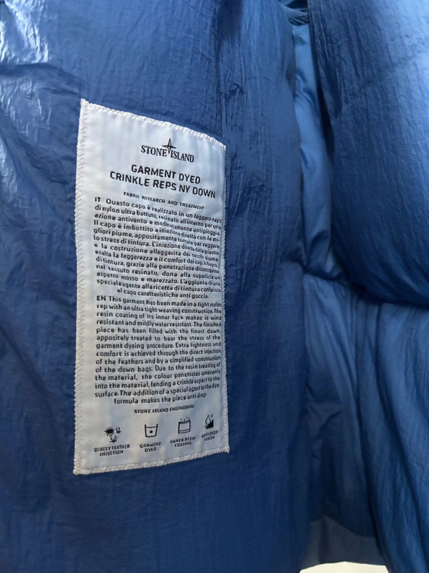 Stone Island 2020 A/W Blue Crinkle Reps Down Jacket - M